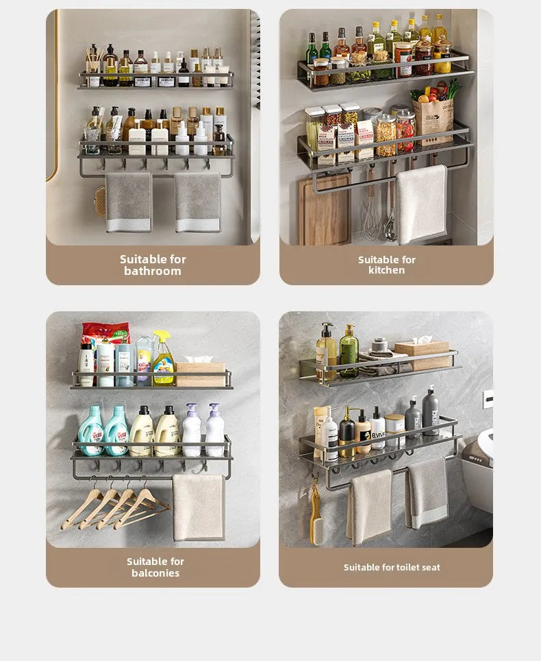 Bathroom storage rack, non perforated washbasin, hand washing and shower area, shower gel wall storage rack