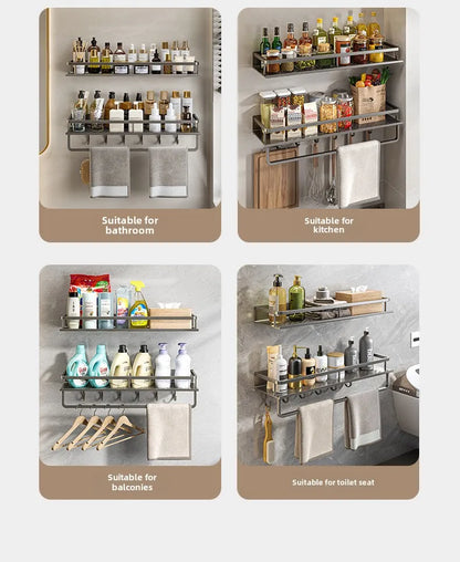 Bathroom storage rack, non perforated washbasin, hand washing and shower area, shower gel wall storage rack