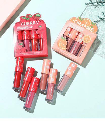 Mini Velvet Matte Lip Gloss Set, 4-Piece Non-Fading, Non-Stick Cup, Long-Lasting Fruit Scented Lip Tint, Smooth and Lightweight