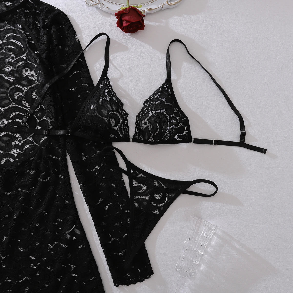 Ellolace Fantasy Sexy Female Lingerie Luring Bra Thong 2PC Set with Hollow Front Mini Dress Intimate See Through Woman Underwear