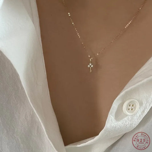 S925 Sterling Silver Plated 14K Gold Necklace for Women – Zircon Key Pendant Mini Clavicle Chain Luxury Jewelry