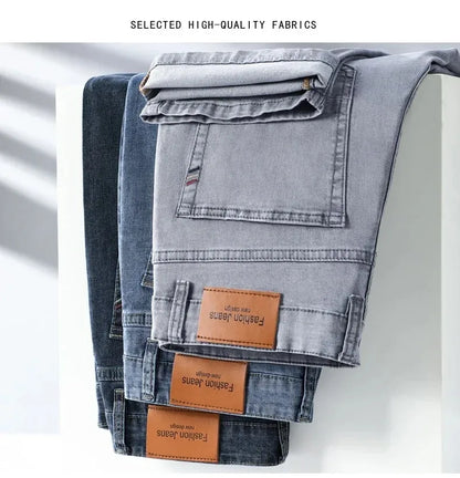 Summer Elastic Men's Jeans Fashion Gray Comfortable Business Straight Stretch Cotton Casual Denim Pants Brand Male Thin Trousers