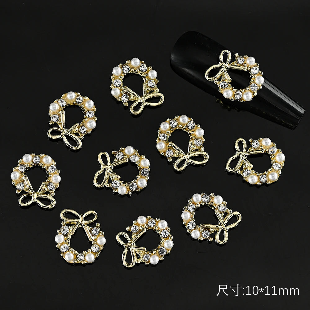 10Pcs Christmas Garland Bow 3D Nail Art Charms Sparkly Alloy Gold/Silver Wreath Design Jewelry Luxury Manicure Rhinestone Parts