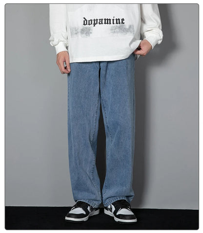 2025 New Korean Men's Casual Long Jeans Classic Man Straight Denim Wide-leg Pants Solid Color Light Blue Grey Black