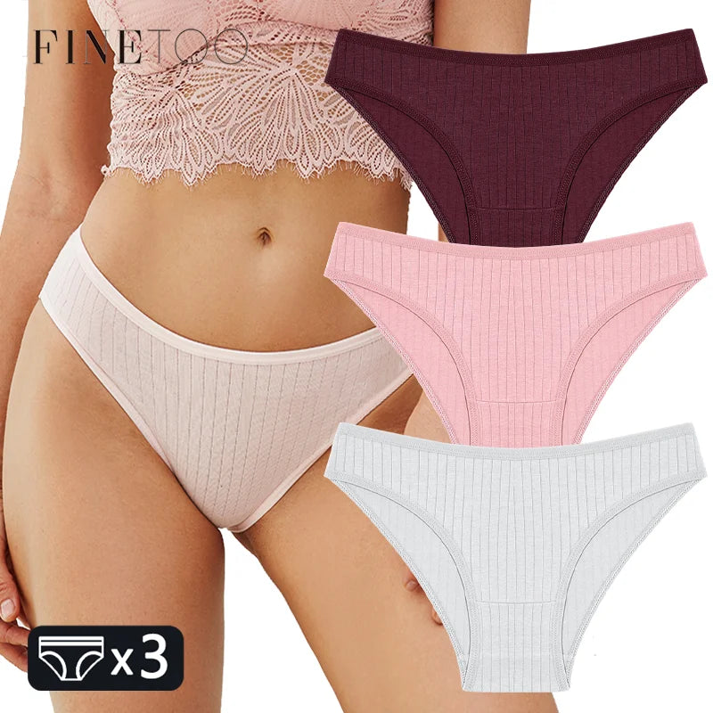 FINETOO 3PCS/SET Women's Cotton Panties Soft Striped Underpants Sexy Solid Color Briefs Female Comfortable Stretch Lingerie M-XL