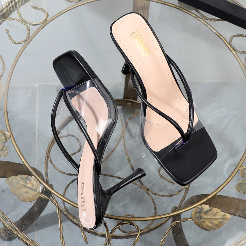 shoes for women 2025 designer luxury new stiletto flip flops clip toe outdoor Transparent slippers black temperament sandals 9CM