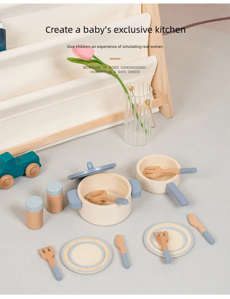 Wooden children's simulation kitchen toys, early education educational toys, simulation pots and pans, food, role-play chef