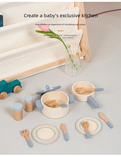 Wooden children's simulation kitchen toys, early education educational toys, simulation pots and pans, food, role-play chef