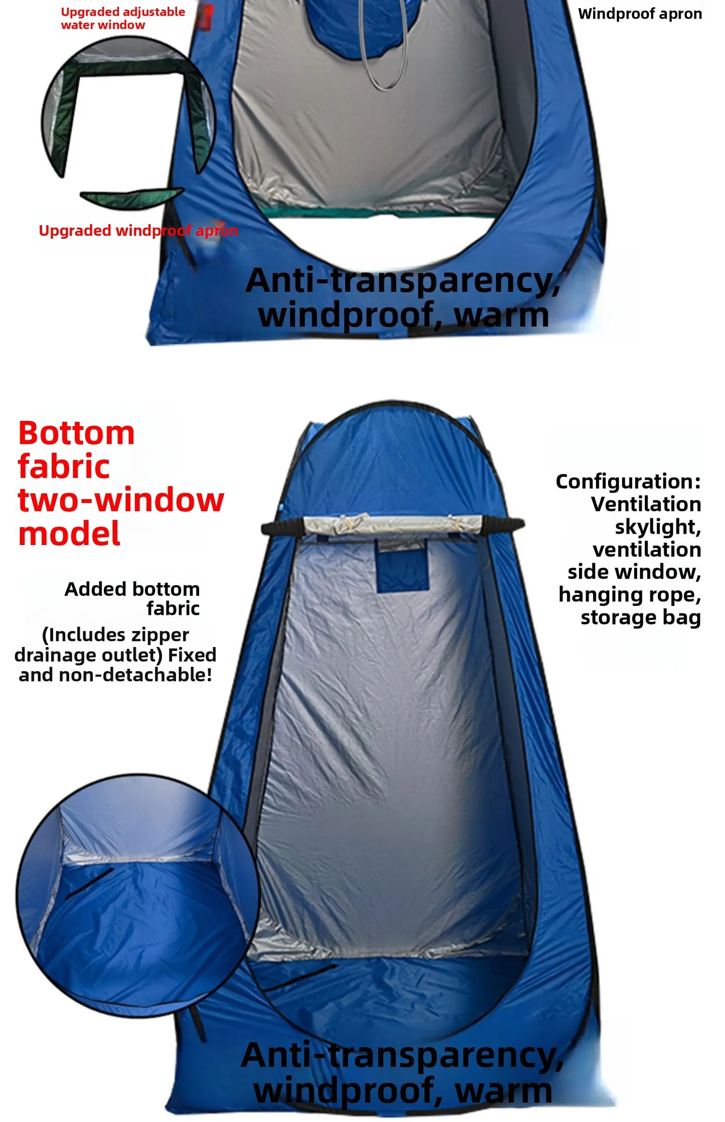 خيمة استحمام خارجية محمولة، خيمة طاقة سميكة، مرحاض متنقل، غرفة تغيير الملابس، عزل حراري، كاميرا، معدات سفر