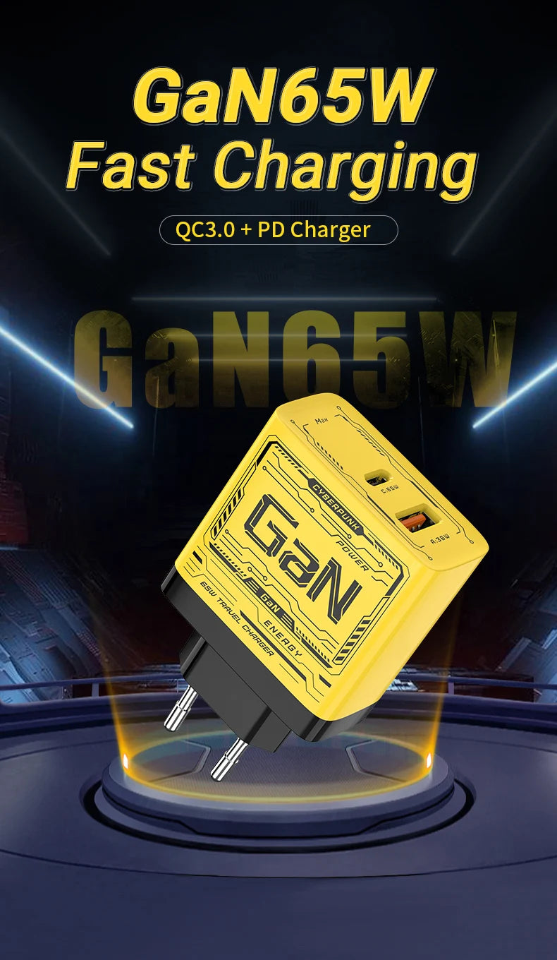 EU/US Plug PD65W GaN Fast Charger with Type-C and USB-A Interface Universal Dual Port Wall Charger Plug for Phones/Pads/Laptops