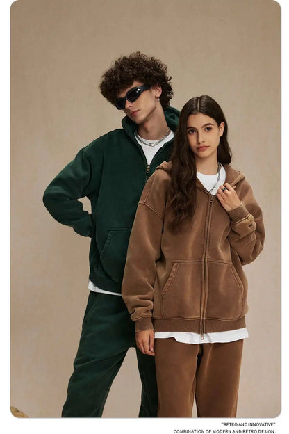 IEFB Men's Wear Wax Printing Vintage Male Hoodies Oversized Loose Zipper Water Washed Plush Sweatshirt Trendy New 9C9349