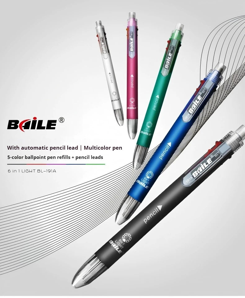 5-Color 0.7mm Ballpoint Pen And 0.5mm Automatic Pencil 6-in-1 Set Creative Writing Office And School Tool