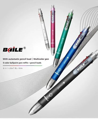 5-Color 0.7mm Ballpoint Pen And 0.5mm Automatic Pencil 6-in-1 Set Creative Writing Office And School Tool
