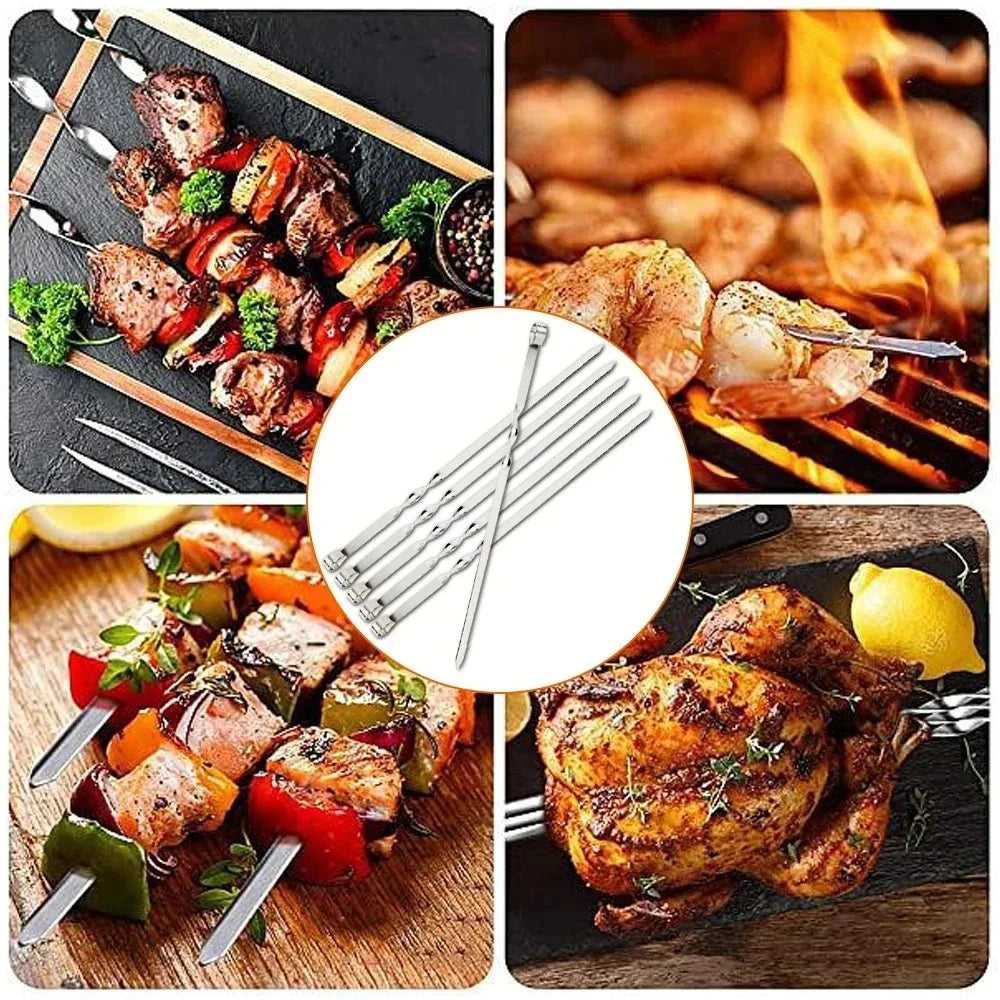 50cm 6Pcs BBQ Skewer Stainless Steel Wide Barbecue Sticks Flat BBQ Fork Outdoor Camping Picnic BBQ Utensil Kitchen Accessories