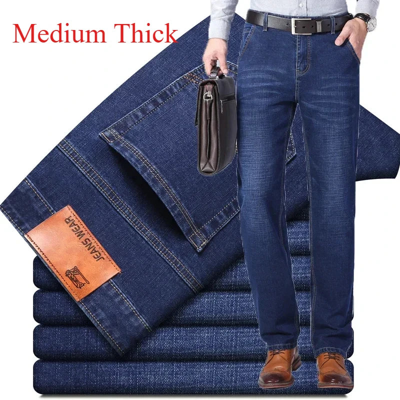 2024 Brand Thin or Thick Material Men's Elastic Cotton Jeans Fashion Gray Comfortable Denim Business Casual High Waist Pants