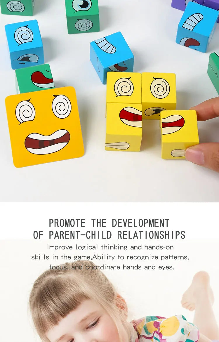 Kids Emotions Expression Game Wooden Cube Face Changing Board Cartoon Puzzle Toy Montessori Thinking Challenge Games
