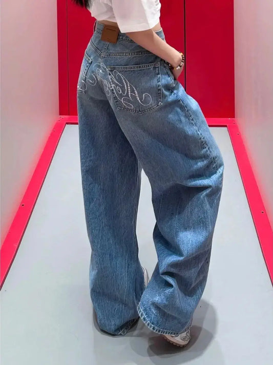 Gradient Spring 2025 Blue Jeans Women Y2K Vintage High Waisted Jeans Straight Streetwear Loose Large Wide Leg Denim Pants