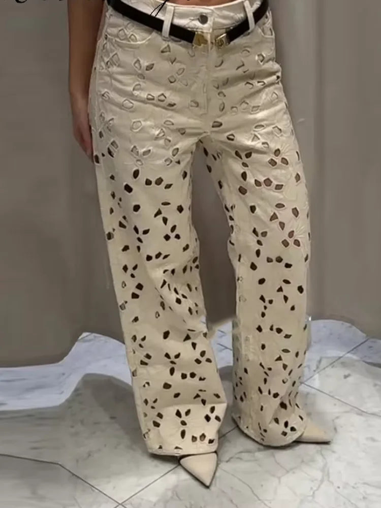 Casual Bead Jean Women Loose High Waisted Pockets Zipper All-match Straight Leg Trouser Female 2025 Y2k High Street Lady Outwear