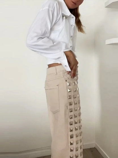 Casual Bead Jean Women Loose High Waisted Pockets Zipper All-match Straight Leg Trouser Female 2025 Y2k High Street Lady Outwear