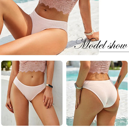 FINETOO 3PCS/SET Women's Cotton Panties Soft Striped Underpants Sexy Solid Color Briefs Female Comfortable Stretch Lingerie M-XL