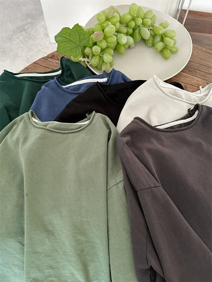 Korean Children's Clothes 2025 Kids Boys 0-3Y Baby Girls Cotton Solid Color Long Sleeve Loose Fit Base Layer Soft Wear Top