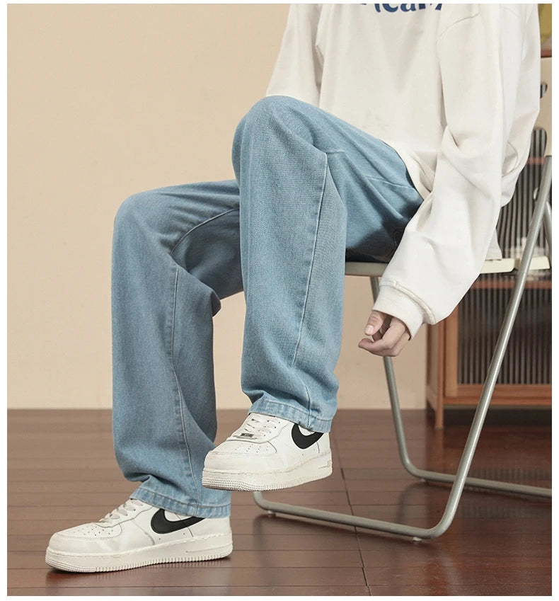 2023 New Korean Fashion Men's Casual Ankle-Length Jeans Classic Man Straight Denim Wide-leg Pants Light Blue Grey Black 3XL