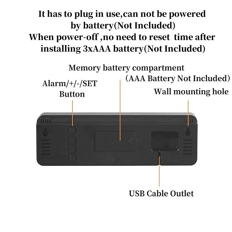 9 Inch Large Digital Wall Clock USB Powered TEMP Humidity Week Auto Dimmer DST Table Clock 12/24H Electronic LED Alarm Clock