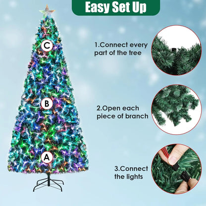 6-8-9-10ft Fiber Optic Christmas Tree, Pre-Lit Artificial Xmas Tree with Multicolor Changing Light, Top Star,Foldable Metal Base