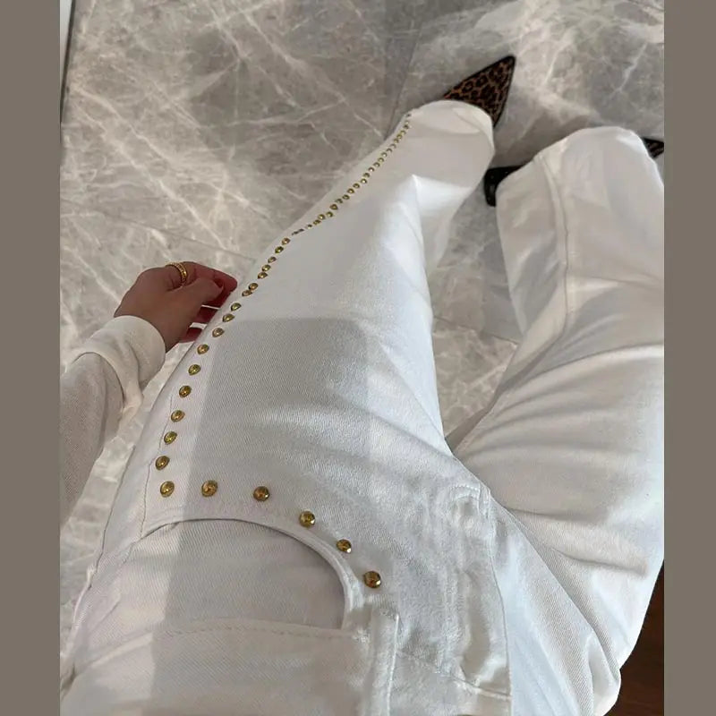 Casual Bead Jean Women Loose High Waisted Pockets Zipper All-match Straight Leg Trouser Female 2025 Y2k High Street Lady Outwear