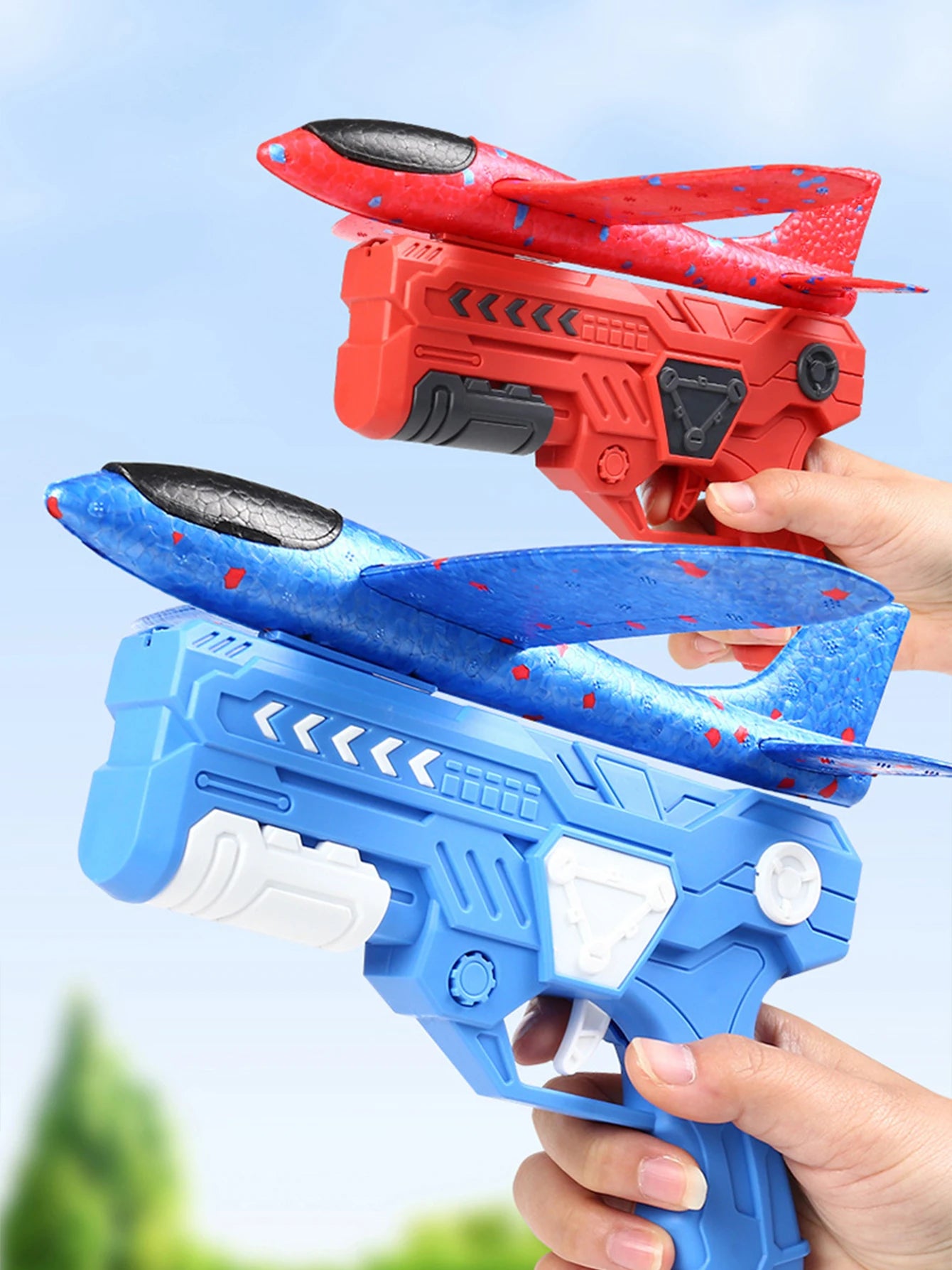 Children's outdoor three in one foam soft elastic toy gun, hand thrown ejection aircraft suit, foam aircraft color random