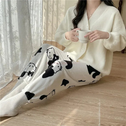 2024 Sanrio Hello Kitty Pajamas Halloween Flannel Fashion Trouserswomen Kawaii Woolen Anime Cartoon Casual Home Pants Autumn