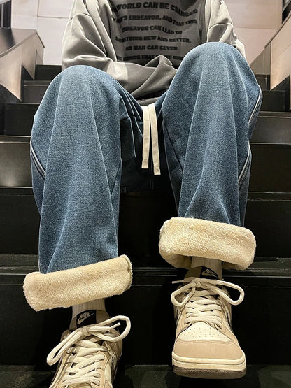 Winter Men's Jeans Korean Fashion Fleece Liner Thick Warm Straight Denim Pants Washed Cotton Retro Blue Wide Leg Jean Trousers