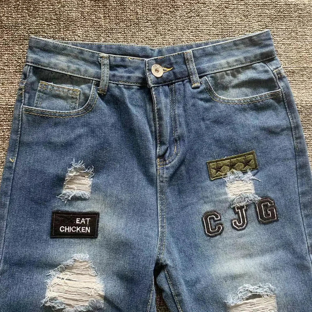 White Embroidery Skinny Ripped Jeans Men Cotton Stretchy Hole Slim Fit Hip Hop Denim Pants Casual Jeans for Men Jogging Trousers