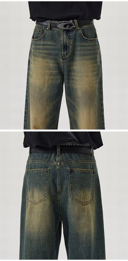 Vintage Distressed Men's Baggy Straight Jeans Spring Autumn Korean High Street Moustache Effect Denim Pants Streetwear Trousers