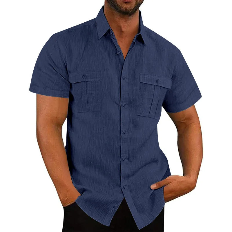 Men's Cotton Linen Short-Sleeved Shirt Summer Solid Color Stand-Up Collar Casual Beach Style plus Size S-5XL