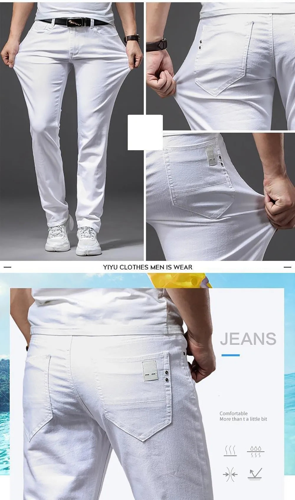 Men White Jeans Elasticity Straight Slim Fit Casual Soft Business Classic Brand Trousers Fashion Advanced Stretch Denim Pants
