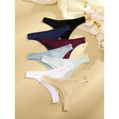 6Pcs/Set Women Cotton Thongs Panties Female Ribbed Low Rise G-String Ladies Sexy Bikini 7 Solid Color Girl Soft S-XL Intimates