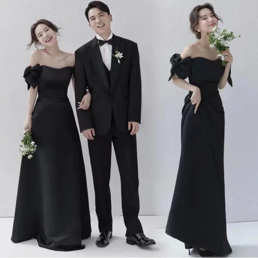 Wedding Dresses Sweet Bow Off The Shoulder For Women 2025 Satin Black Evening Dress Elegant Floor-length Simple Wedding Shooting