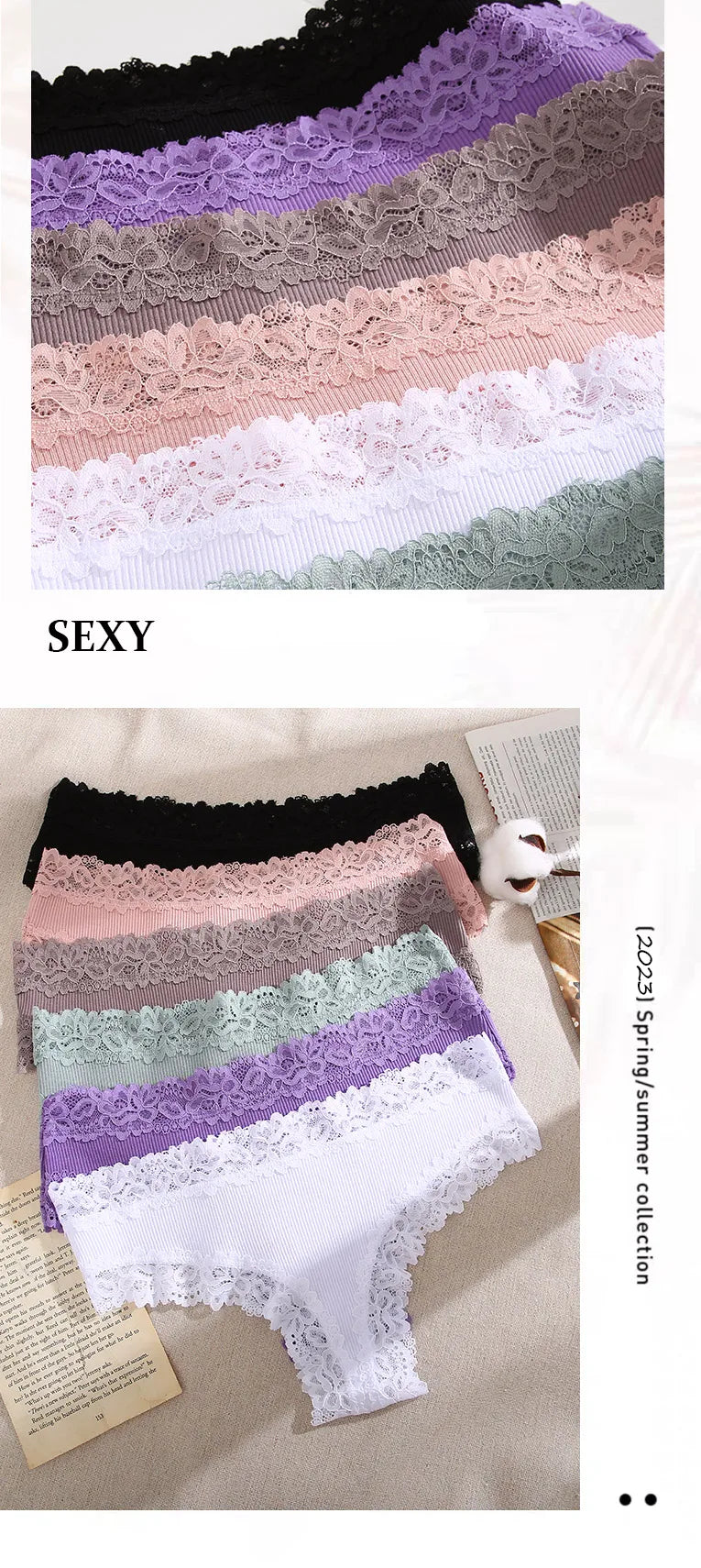 3/5PCS Lace Seamless Cotton Panties Ribbed Brazilian Pants Low Waist Women Panties Breathable Girls Underwear Plus Size Lingerie