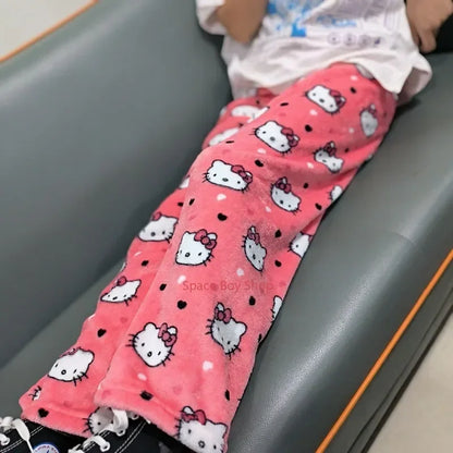 Thicken Hello Kitty Pajama Pants Sanrio Anime Fleece Double Elastic Fabric Soft Trousers Women Trousers Cartoon Birthday Gift