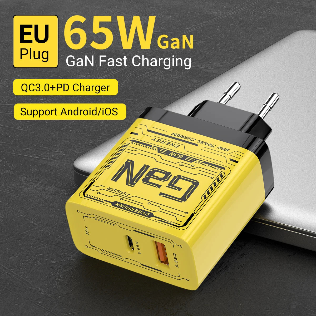 EU/US Plug PD65W GaN Fast Charger with Type-C and USB-A Interface Universal Dual Port Wall Charger Plug for Phones/Pads/Laptops