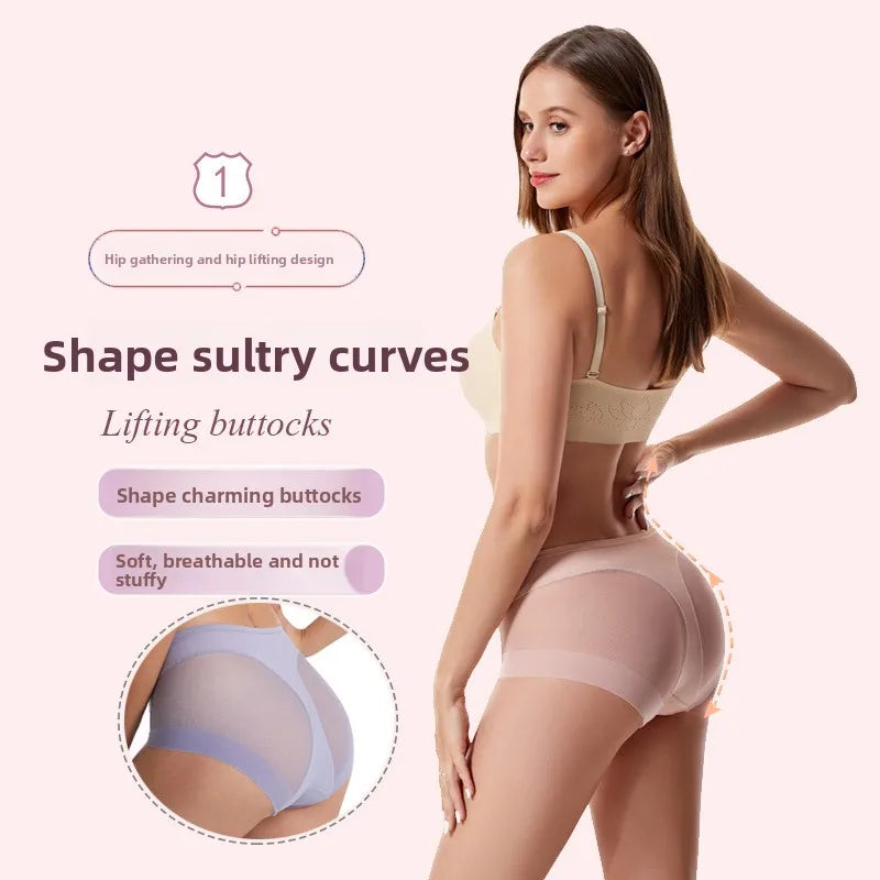 Sexy Mid Rise Womens Underwear Transparent Mesh Panties Waist Cincher Comfortable Ice Silk Large Size