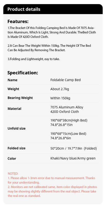 Camping Cot Folding Camping Bed Portable Outdoor Bed Comfortable Sleeping Cots for Adults & Kids Camping, Travel, RV