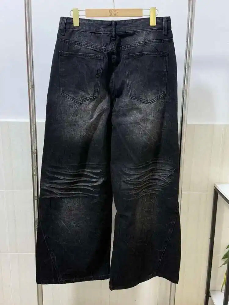 IEFB High Street Men's Jeans Casual Washed Whiskers Solid Color Loose Trendy Straight Wide Leg Male Denim Pants Autumn 9C7862