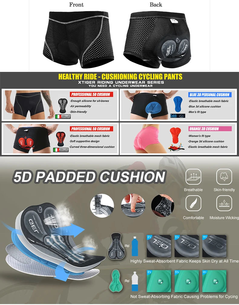 X-TIGER Men's Cycling Underwear with 5D Gel Cushioned MTB Boxer Cycling Shorts Road Cycling Underwear Cycling Equipment