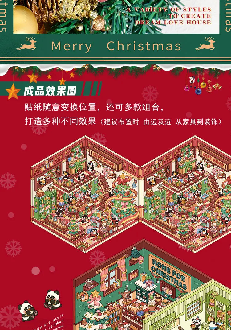 Christmas Theme DIY 3D Sticker Cartoon Pocket Cabin Scene Stacking and Pasting Festival Birthday Gift for Kid Child Student