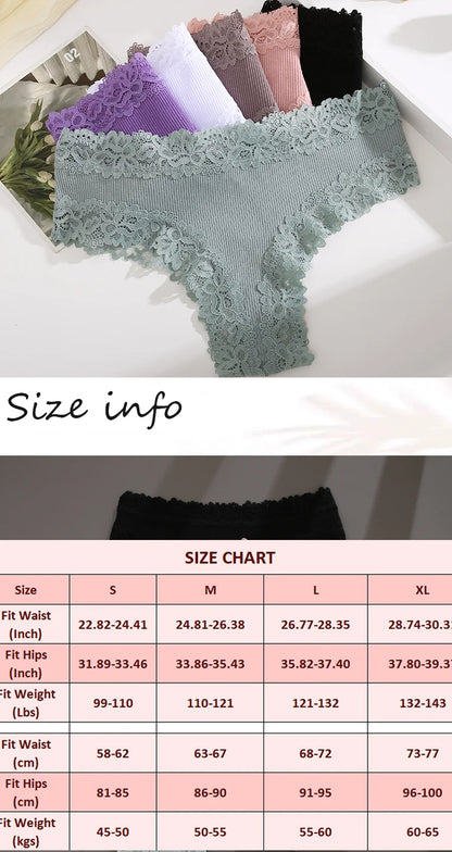 3/5PCS Lace Seamless Cotton Panties Ribbed Brazilian Pants Low Waist Women Panties Breathable Girls Underwear Plus Size Lingerie