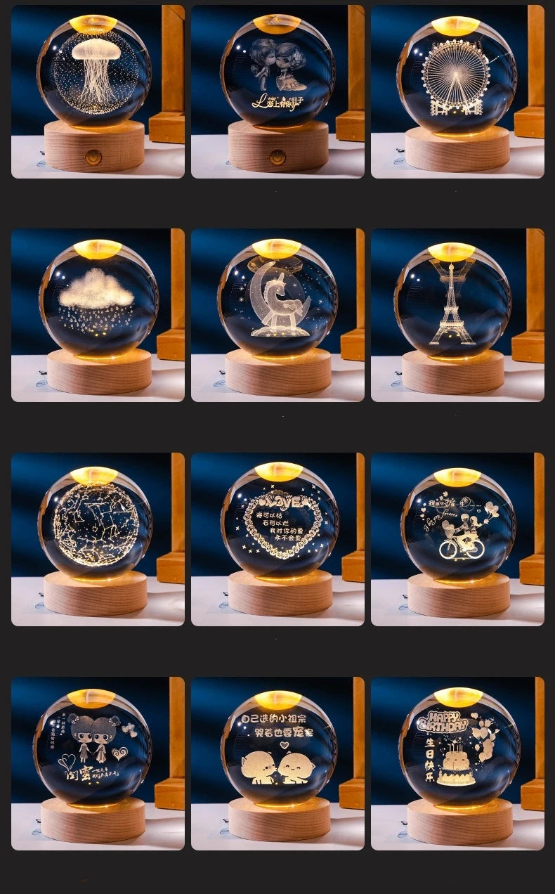 Small 3D Solar System Crystal Ball With LED Base, Night Light For Home Decoration, Gift For Astronomy Lovers