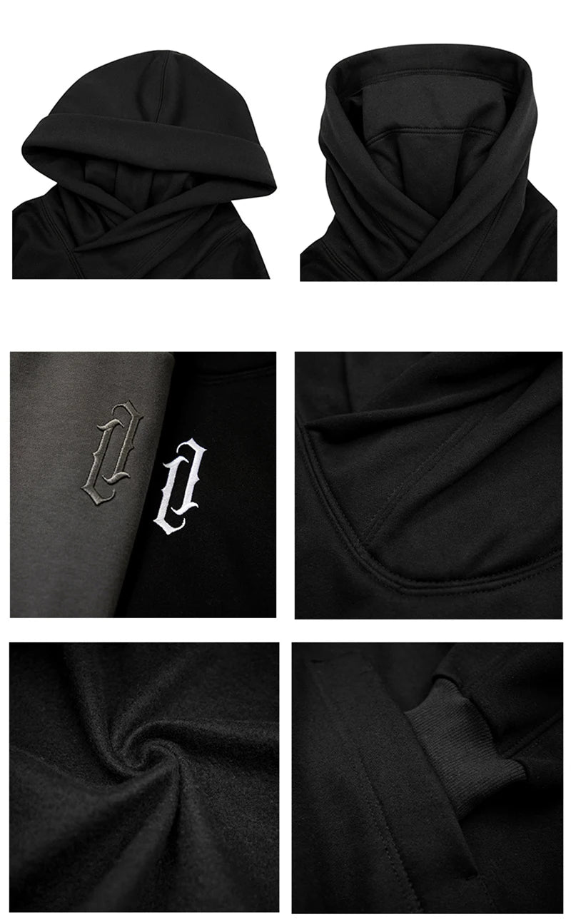 Embroidery Turtleneck Sweatshirt For Men Japanese Ninja Hoodies Autumn Hip Hop Fleece Pocket Streetwear Oversized Y2K Hoody