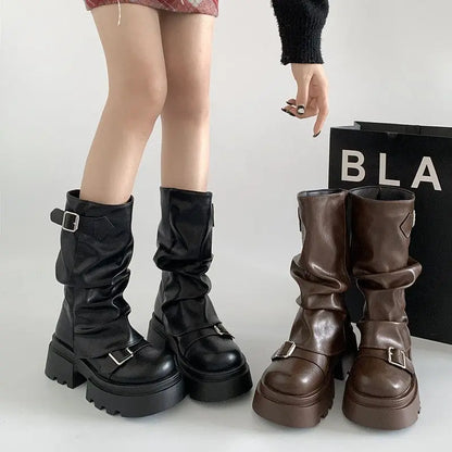 Shoes for Women 2024 Mid-Calf Women's Boots Platform Modern Boots Women Belt Buckle Square Toe Side Zip Square Heel Shoes Female